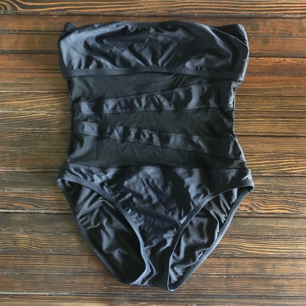 Black strapless mesh one piece